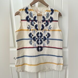 Tory Burch Cream Striped Embroidered Blouse sz 4 Linen Cotton Blend Sleeveless